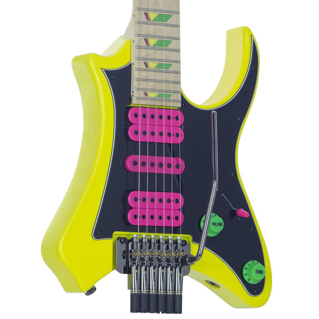 Vaibrant Deluxe Headless Electric Guitar - front detail - Electric Yellow