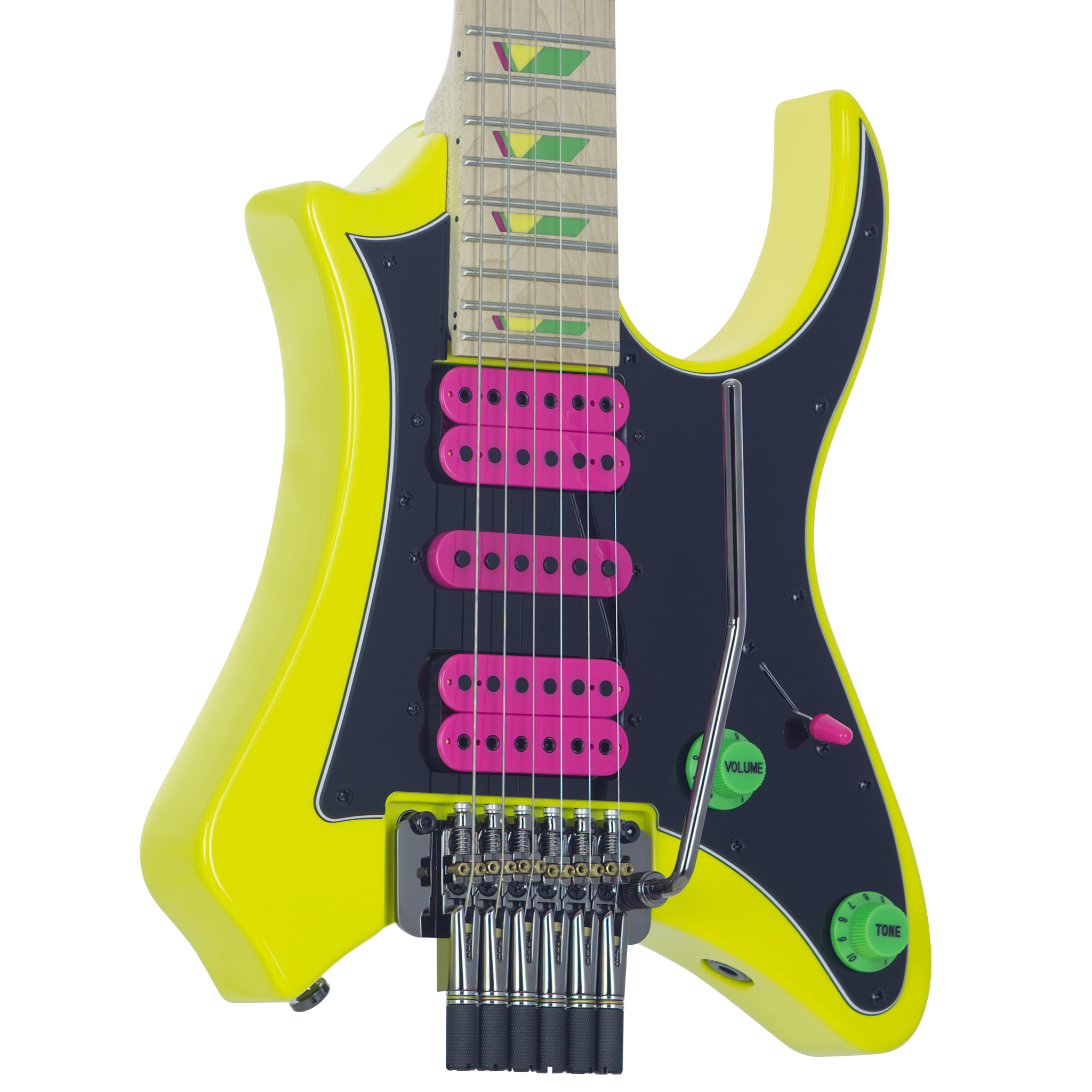 Vaibrant Deluxe Headless Electric Guitar - front detail - Electric Yellow