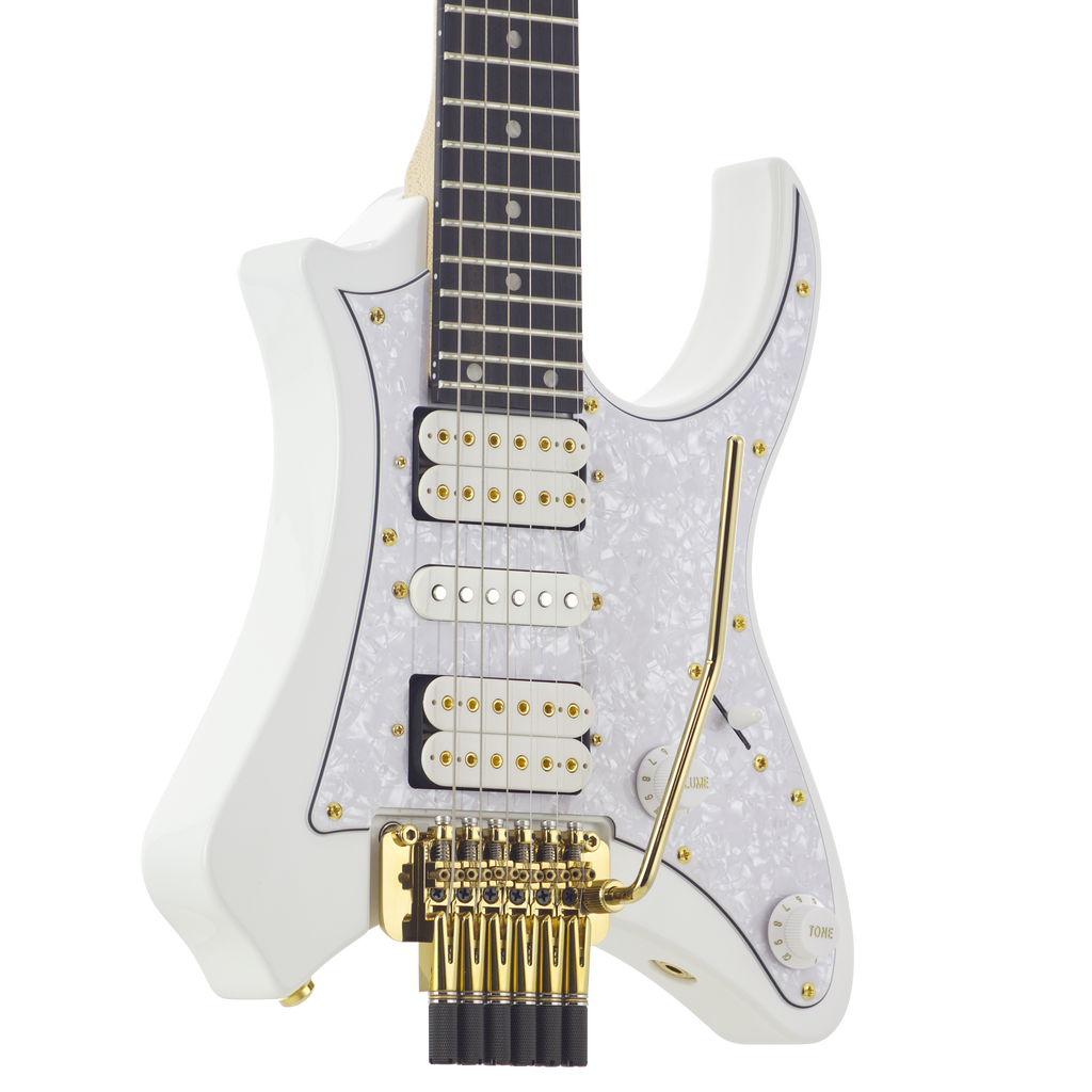 Vaibrant Deluxe Headless Electric Guitar - front detail - Frost White