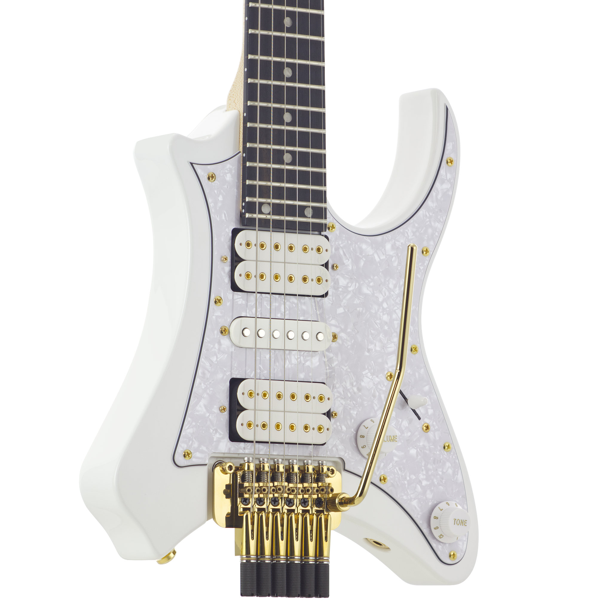 Vaibrant Deluxe Headless Electric Guitar - front detail - Frost White